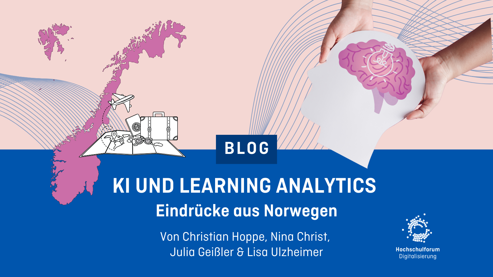 Bloggrafik: KI und Learning Analytics – Eindrücke aus Norwegen, mit Norwegenkarte, Reise-Symbolen und Illustration eines Kopfes mit Gehirn und Glühbirne.