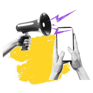 Die Illustration zeigt ein Megaphon und ein Smartphone.