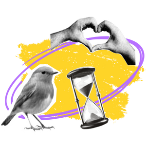 Die Illustration zeigt ein Herz, einen Vogel und eine Sanduhr.