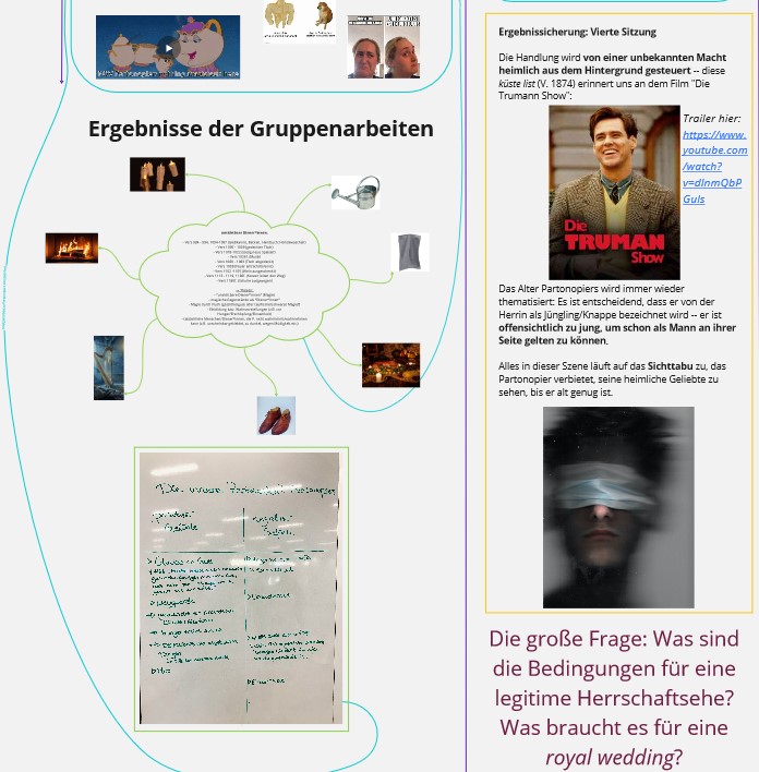 3_Partonopier-Seminar in Miro Detail-Ansicht Ergebnissicherung Gruppenarbeiten „In einer Collage sind verschiedene Fotos, Memes, Notizen, ein Filmplakat und ein externer Link mit den Gestaltungselementen des Kreativtools miro verknüpft.“
