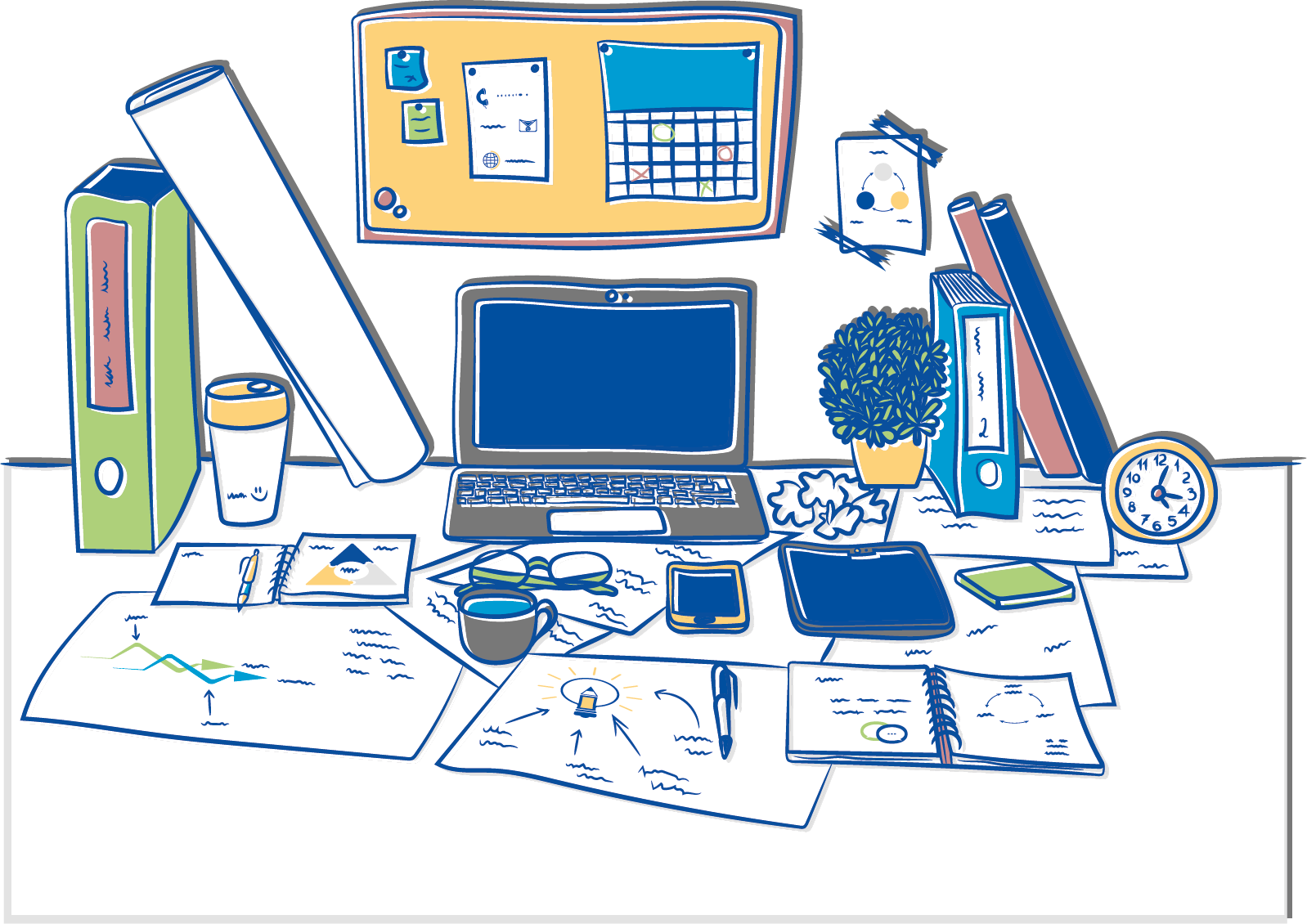 Arbeitsplatz mit PC und Zeichnungen