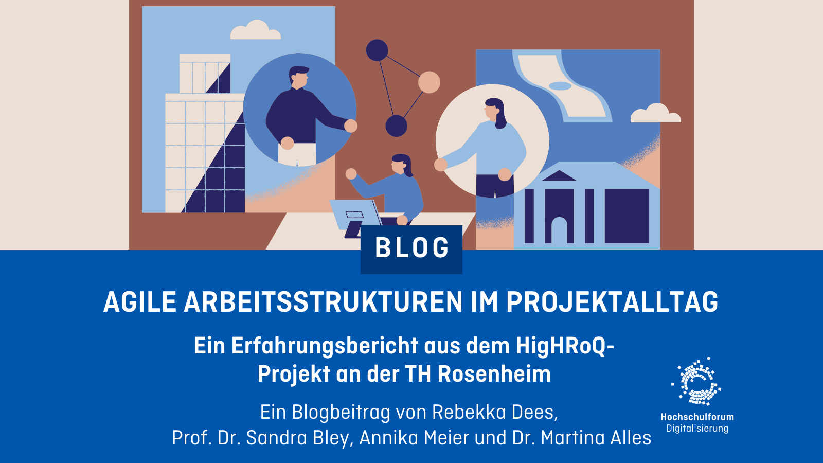 Dekorative Grafik, darunter der Text: Agile Arbeitsstrukturen im Projektalltag. Ein Erfahrungsbericht aus dem HigHRoQ-Projekt an der TH Rosenheim. Ein Blogbeitrag von Rebekka Dees, Prof. Dr. Sandra Bley, Annika Meier und Dr. Martina Alles.