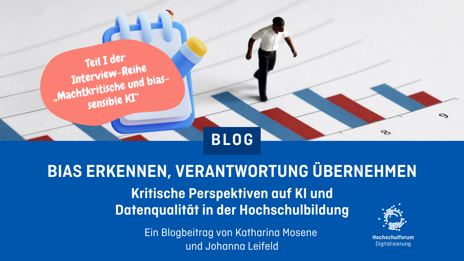 Blogtitelbild zur Interviewreihe „Machtkritische und bias-sensible KI“ mit Diagramm und Figur; Thema Bias, Verantwortung und KI in der Hochschulbildung.
