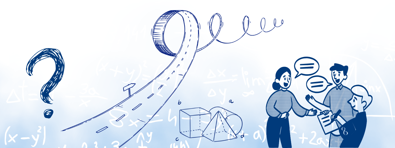 Abstrakte Illustration mit Fragezeichen, kurviger Straße ins Ungewisse, mathematischen Formeln und einer Gruppe diskutierender Personen.