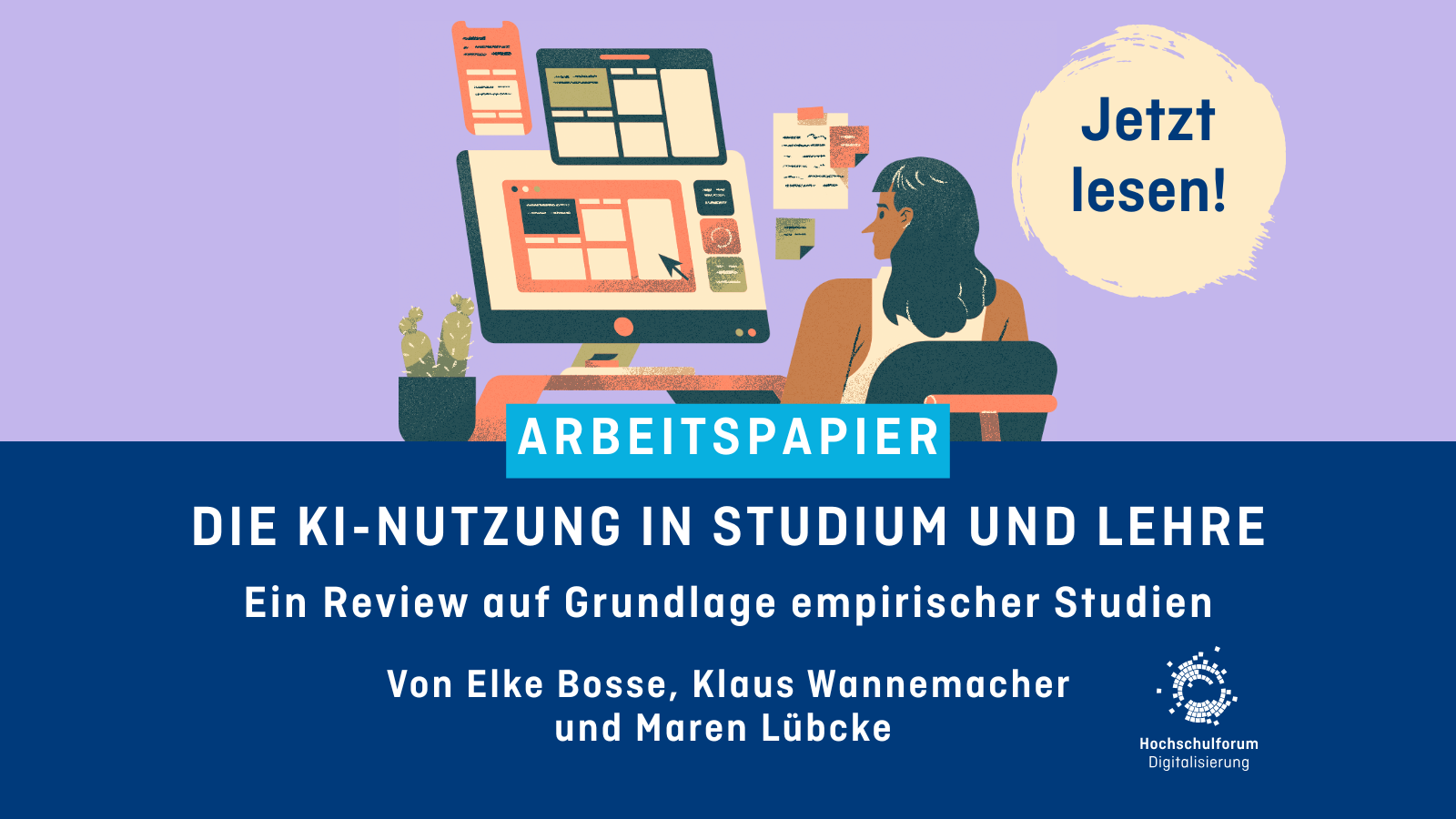 Dekorative Grafik mit dem Text: Arbeitspapier. Die KI-Nutzung in Studium und Lehre. Ein Review auf Grundlage empirischer Studien. Von Elke Bosse, Klaus Wannemacher und Maren Lübcke.