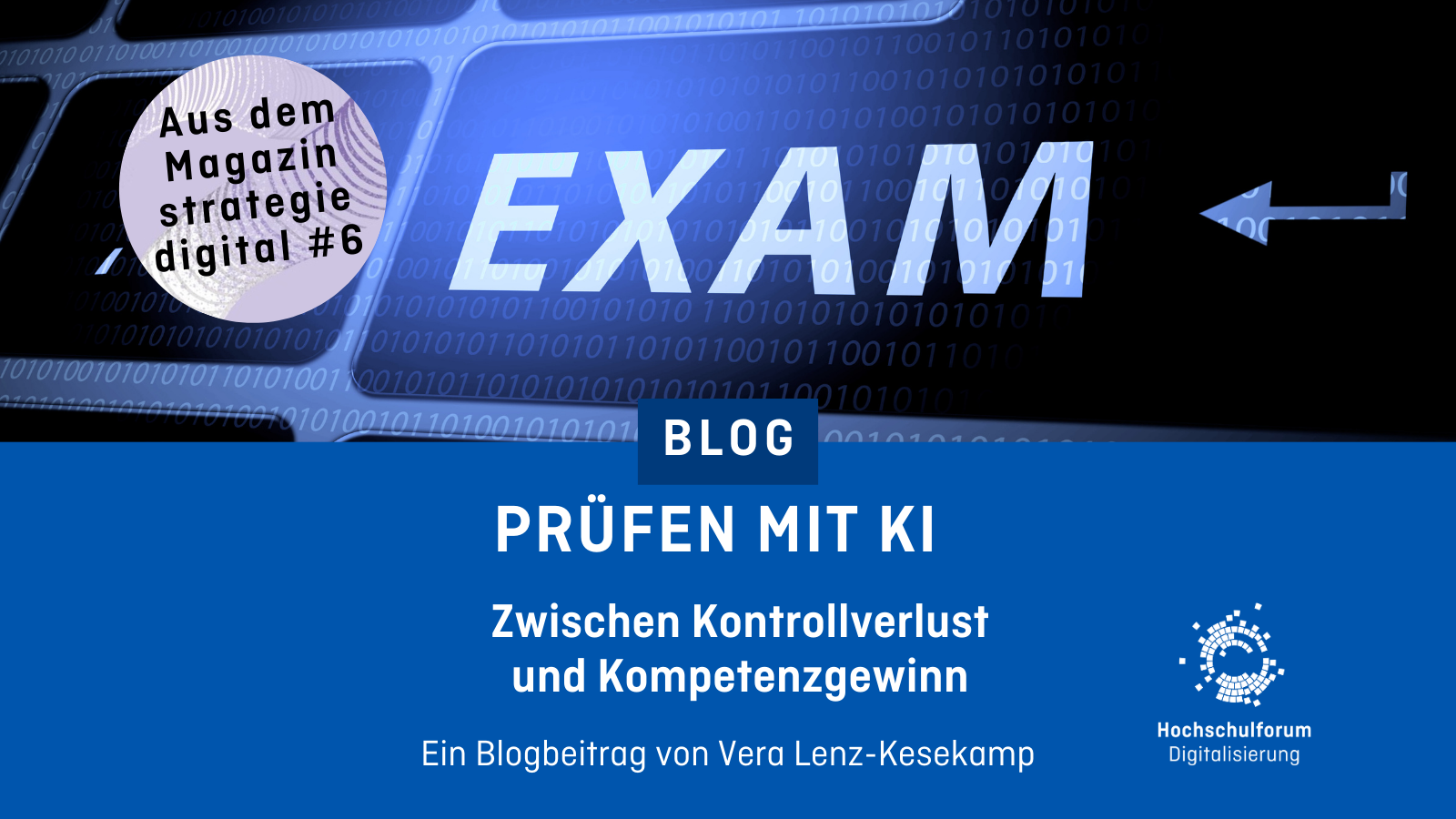 Dekoratives Bild mit dem Text: Prüfen mit KI: Zwischen Kontrollverlust und Kompetenzgewinn. Ein Blogbeitrag von Vera Lenz-Kesekamp.