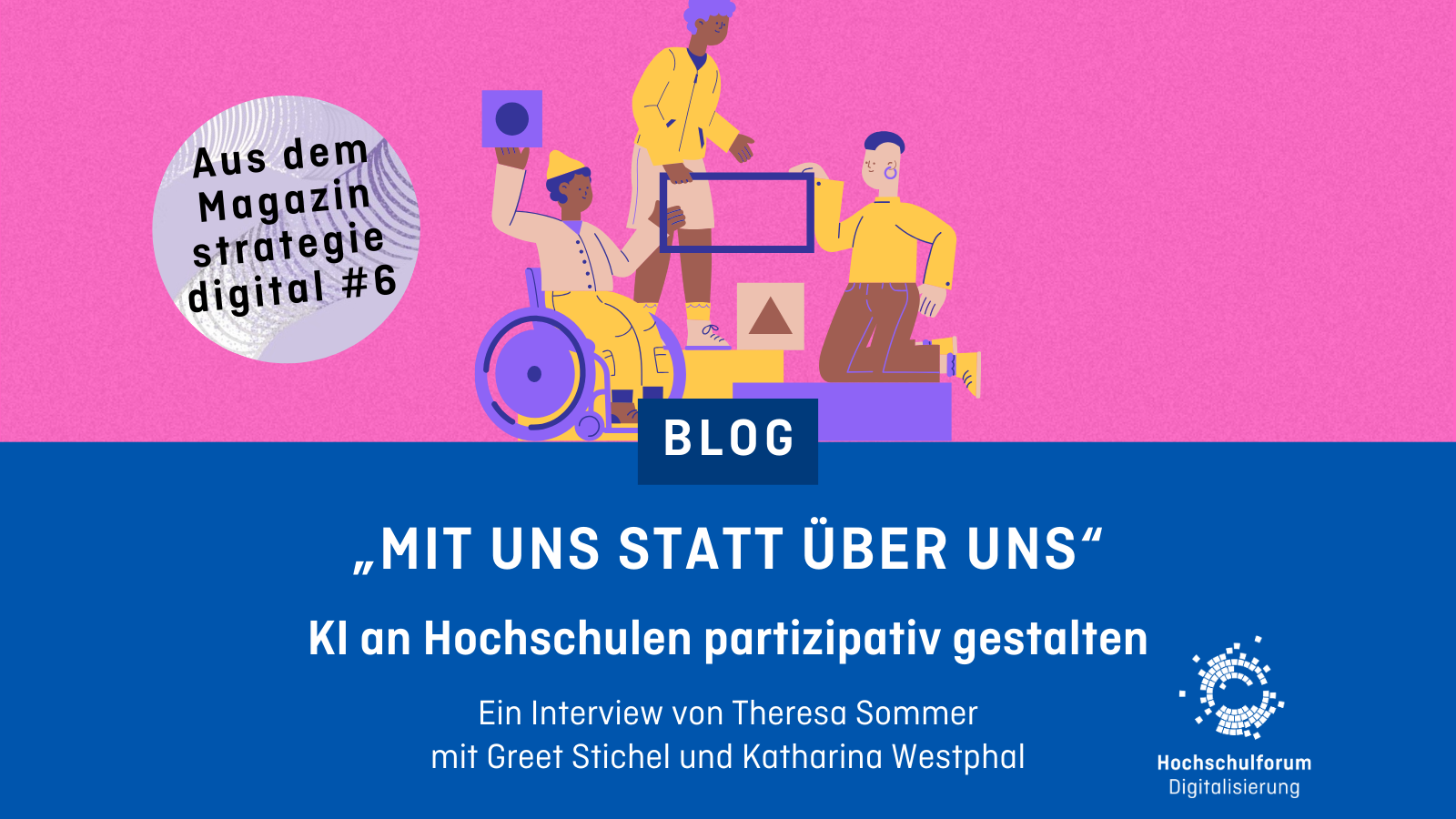 Dekorative Grafik mit dem Text: „Mit uns statt über uns.“ KI an Hochschulen partizipativ gestalten. Ein Interview von Theresa Sommer mit Greet Stichel und Katharina Westphal.