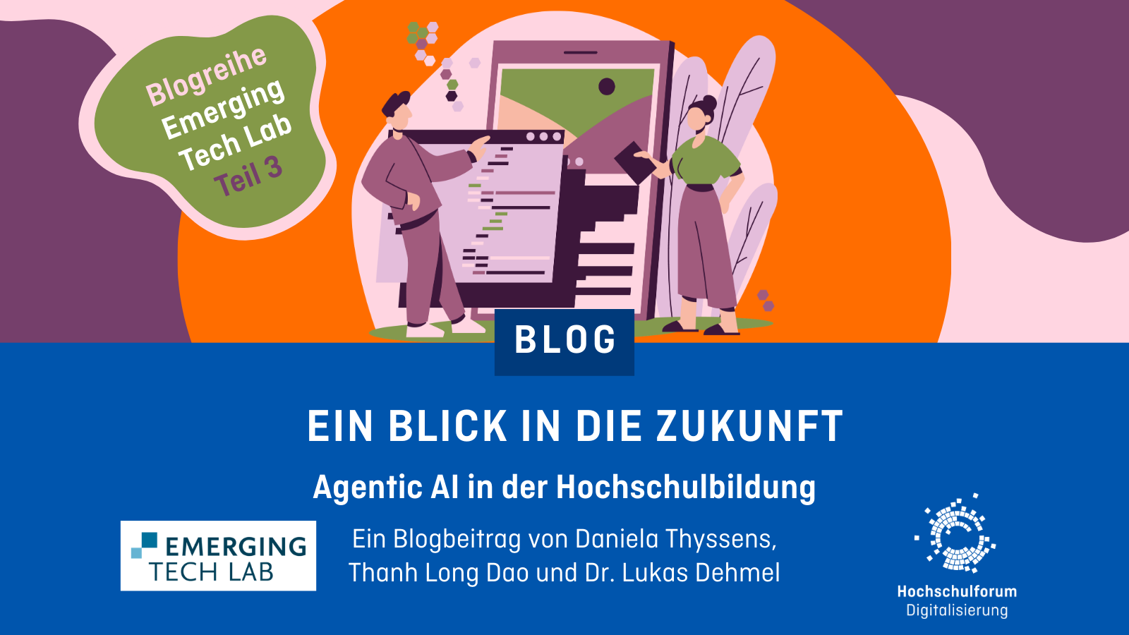 Dekoratives Bild mit dem Text: Ein Blick in die Zukunft. Agentic AI in der Hochschulbildung. Ein Blogbeitrag von Daniela Thyssens, Thanh Long Dao und Dr. Lukas Dehmel. Blogreihe, Emerging Tech Lab: Teil 3.