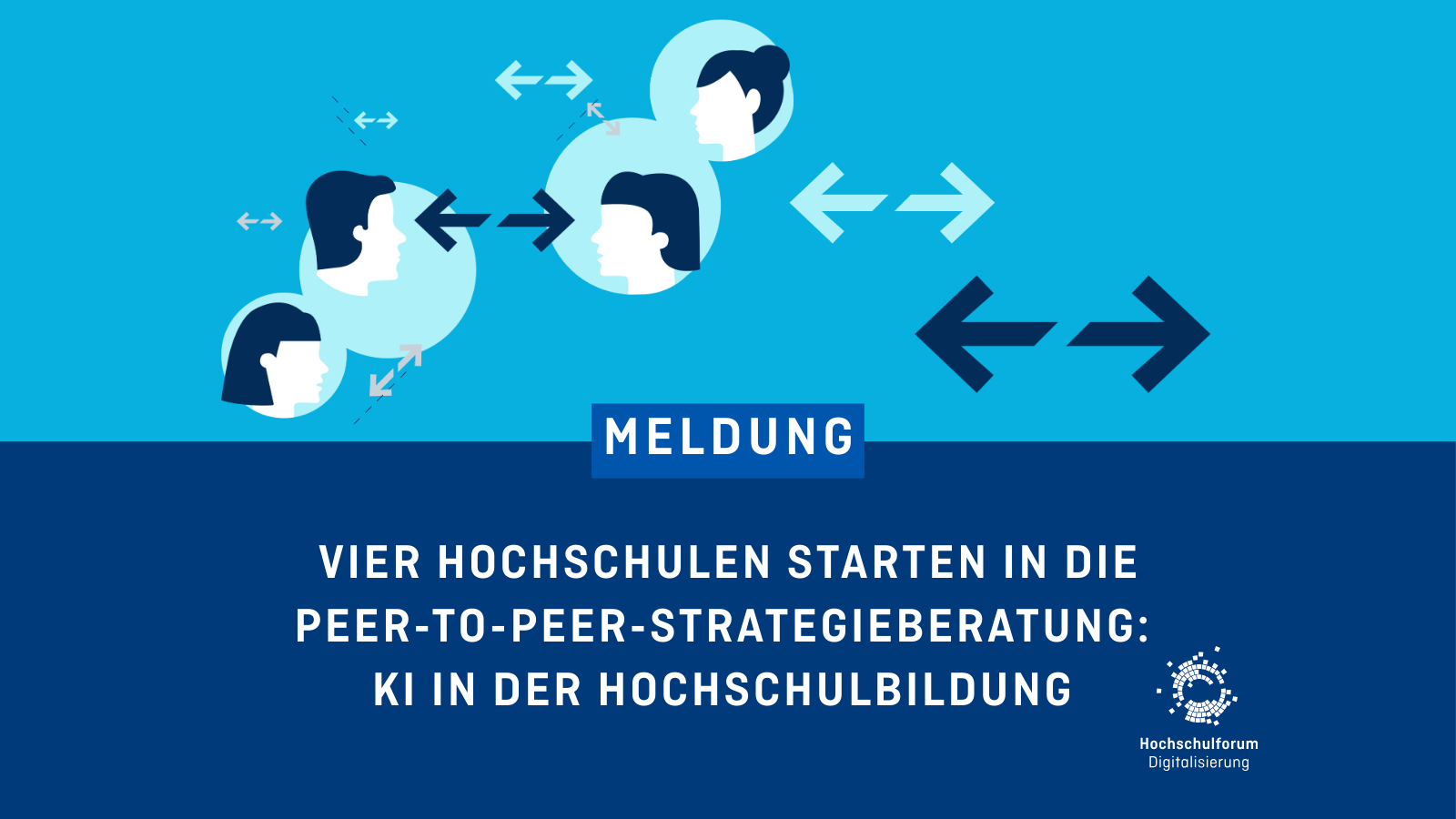 Dekoratives Bild mit dem Text: Meldung. Vier Hochschulen starten in die Peer-to-Peer-Strategieberatung: KI in der Hochschulbildung.