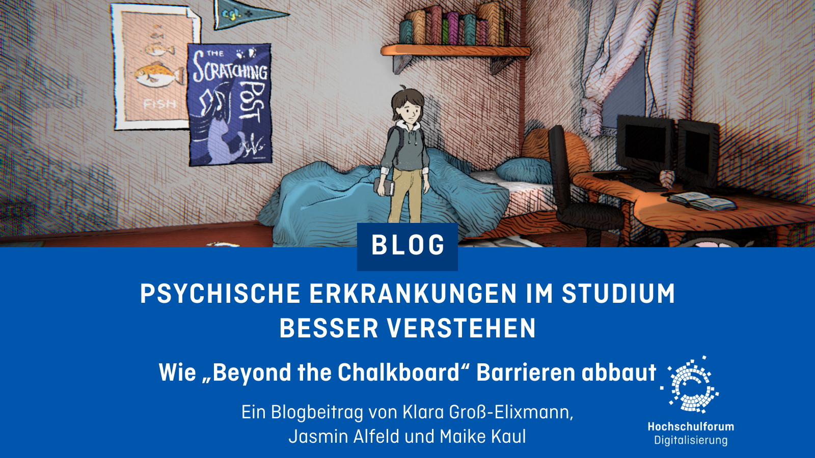 Dekoratives Bild mit dem Text: Psychische Erkrankungen im Studium besser verstehen: Wie ein Computerspiel Barrieren abbaut. Ein Blogbeitrag von Klara Groß-Elixmann, Jasmin Alfeld und Maike Kaul.