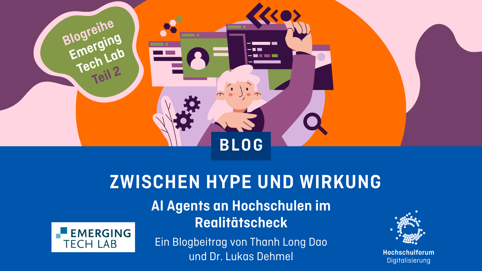 Dekoratives Bild mit dem Text: Zwischen Hype und Wirkung. AI Agents an Hochschulen im Realitätscheck. Ein Blogbeitrag von Thanh Long Dao und Dr. Lukas Dehmel. Blogreihe, Emerging Tech Lab: Teil 2.