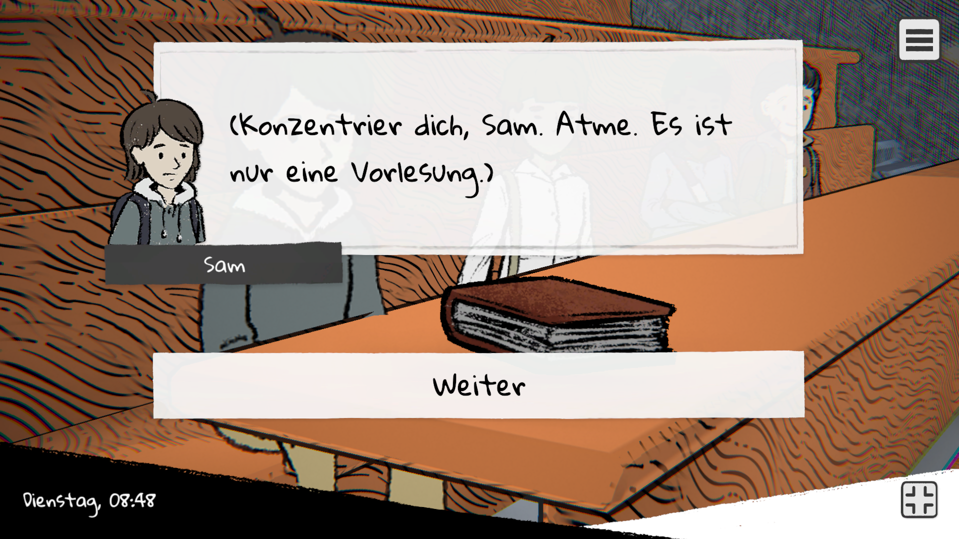 neu-Abb_1 Bildschirmfoto Beyond the Chalkboard. Im Hintergrund: Sam sitzt auf einem Platz im Hörsaal. Über dem Bild liegt ein Dialogfenster mit Sams Gedanken: “(Konzentrier dich, Sam. Atme. Es ist nur eine Vorlesung.)”