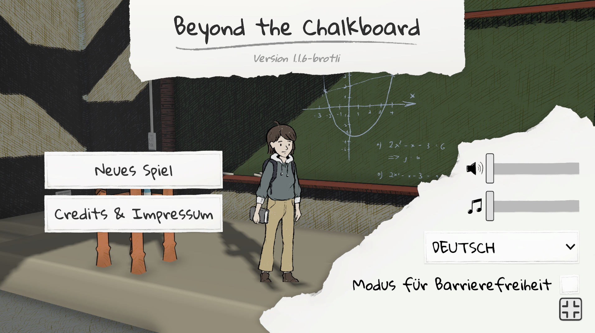 neu_Titelbild-BtC Bildschirmfoto des Startbildschirms des Spiels „Beyond the Chalkboard“. Schraffierter Zeichenstil. Im Vordergrund steht Spielfigur Sam mit braunen Haaren, einem Rucksack auf dem Rücken und einem Buch in der linken Hand vor einer grünen Schultafel mit einem gezeichneten Graphen und mathematischen Formeln. Links befinden sich drei weiße Schaltflächen mit den Texten „Weiter“, „Neues Spiel“ und „Credits & Impressum“. Rechts sind zwei Lautstärkeregler für Ton und Musik sowie ein Dropdown-Menü mit der Spracheinstellung „DEUTSCH“ zu sehen. Darunter steht „Modus für Barrierefreiheit“.
