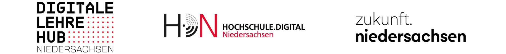 Logos des Digitale Lehre Hub Niedersachsen, von Hochschule.Digital Niedersachsen sowie zukunft.niedersachsen