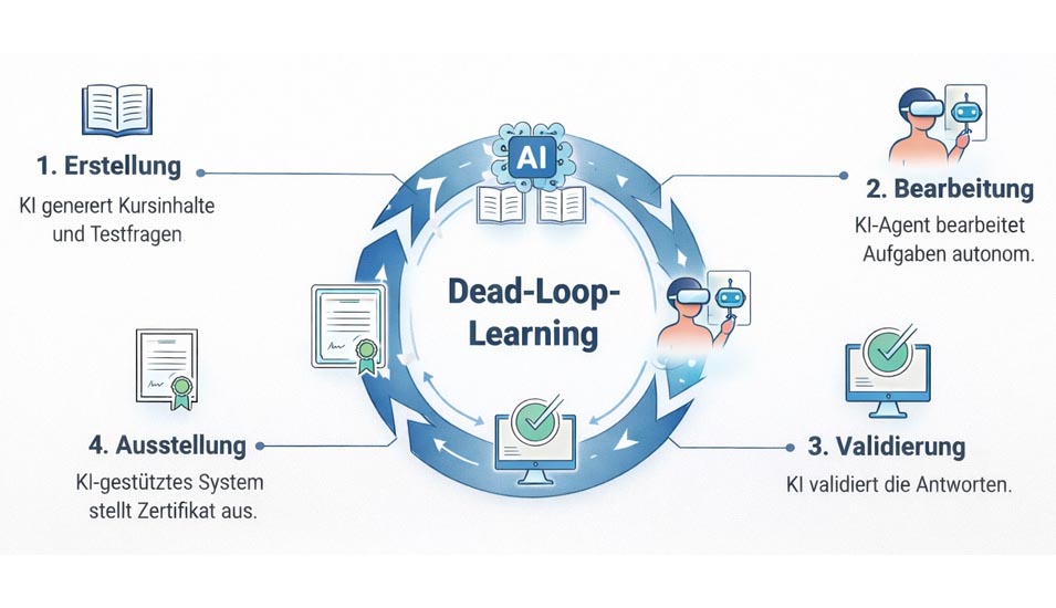 Schematische Darstellung eines geschlossenen KI-Lernkreislaufs („Dead-Loop-Learning“) mit vier Schritten: Die KI erstellt Kursinhalte und Testfragen, ein KI-Agent bearbeitet die Aufgaben autonom, die KI validiert die Antworten und ein KI-gestütztes System stellt anschließend ein Zertifikat aus. Pfeile verbinden die vier Schritte zu einem fortlaufenden Kreislauf.