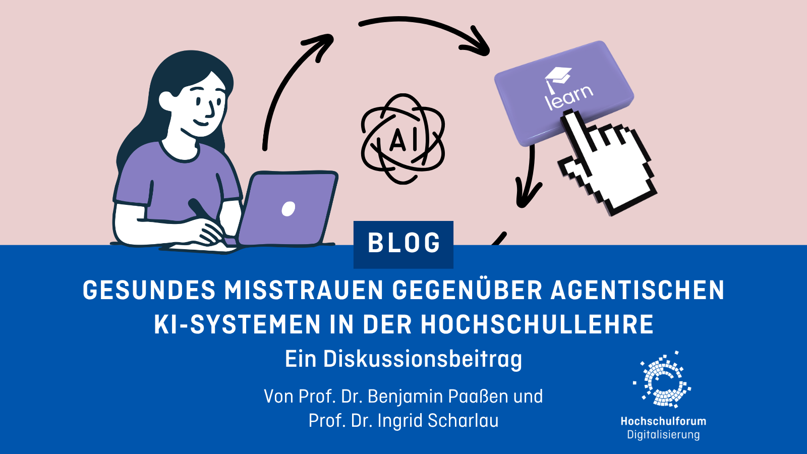 Blogbild zeigt eine Studentin, die am Laptop arbeitet. In der Mitte steht ein AI-Symbol. Ein Kreislauf verbindet die Studentin mit einem Button auf dem "learn" steht und eine Mauszeiger-Hand drückt den Button. Titel: Gesundes Misstrauen gegenüber agentischen KI-Systemen in der Hochschullehre.