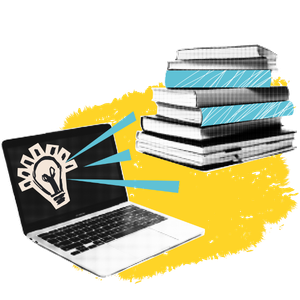 2026_HFD-Agora-Insights-AI-Literacy-Icon Themenillustration für AI Literacy mit einem Laptop auf dem eine aus Papier geschnittene Glühbirne klebt. Daneben ein Stapel Bücher.
