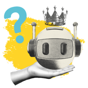 2026_HFD-Agora-Insights-Digitale-Souveraenitaet-Icon Themenillustration Digitale Souveränität mit einer Hand, einem Roboterkopf über dem eine Krone schwebt und einem Fragezeichen