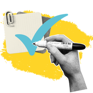 2026_HFD-Agora-Insights-KI-Strategien-Icon Themenillustration für Strategieentwicklung mit Hand und Stift, die einen Haken auf ein Klemmbrett setzen.