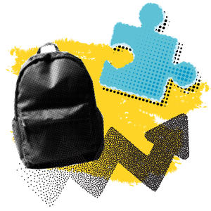 2026_HFD-Agora-Insights-Level-up-Lehre-Icon Themenillustration für Lehre mit einem Rucksack, einem Puzzleteil und einem aufwärts gerichteten Pfeil