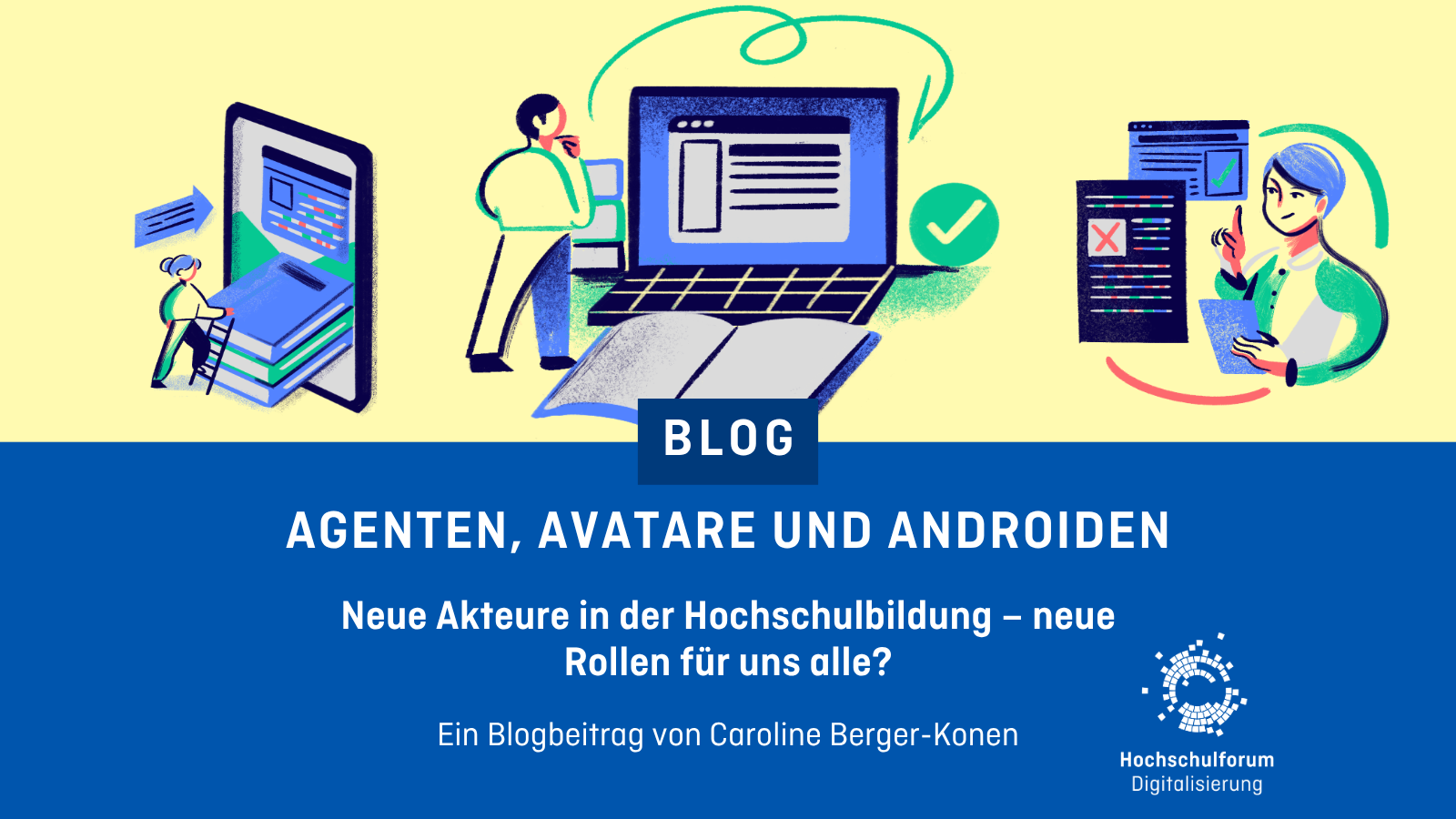 Bunte Stiftzeichnungen von Menschen, die mit Computern interagieren.