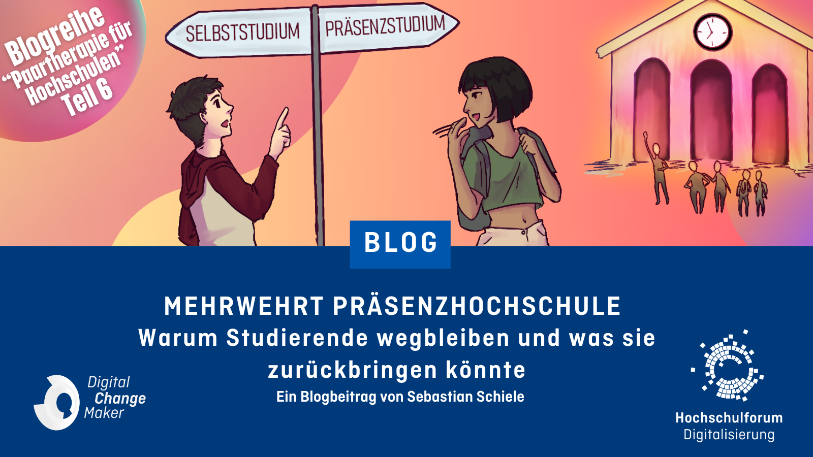 Illustration: Zwei Studierende vor einer Abzweigung. Nach links führt ein Weg beschildert als "Selbststudium"; nach rechts "Präsenzstudium" führt der Weg zum Universitätsgebäude.