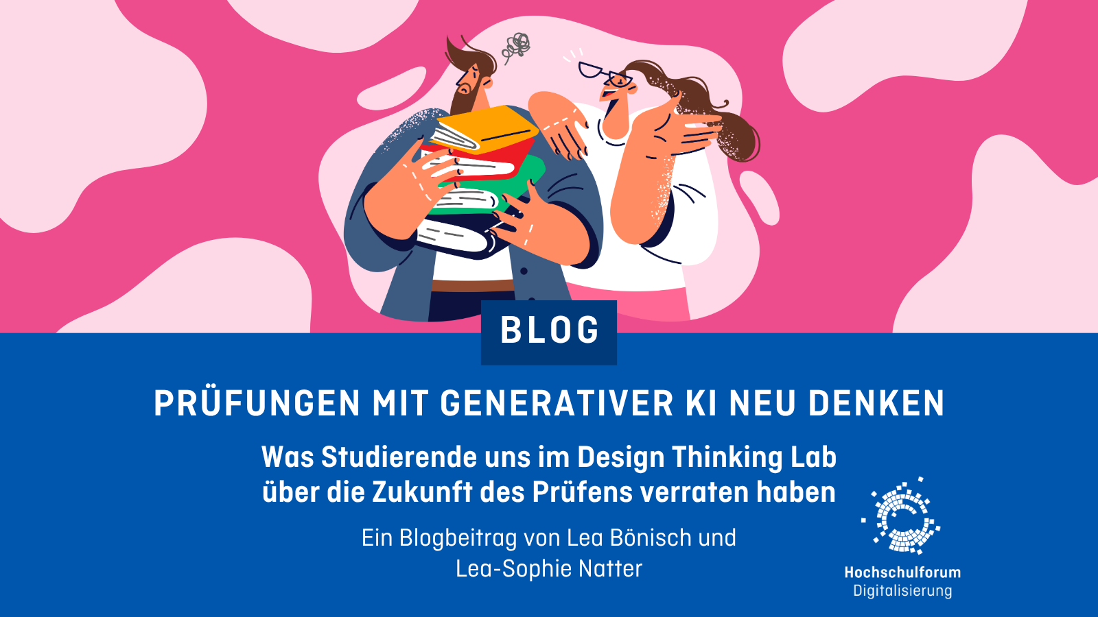 Zeichnung von zwei Studierenden, die sich auf eine Prüfung vorbereiten.