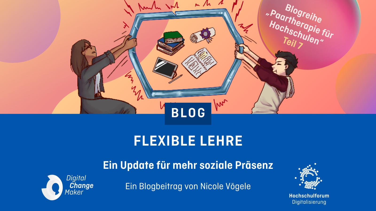 Zeichnung von zwei Studierenden, die an einem Bilderrahmen zerren, in dem kleinere Zeichnungen sind von Büchern und einem Tablet.