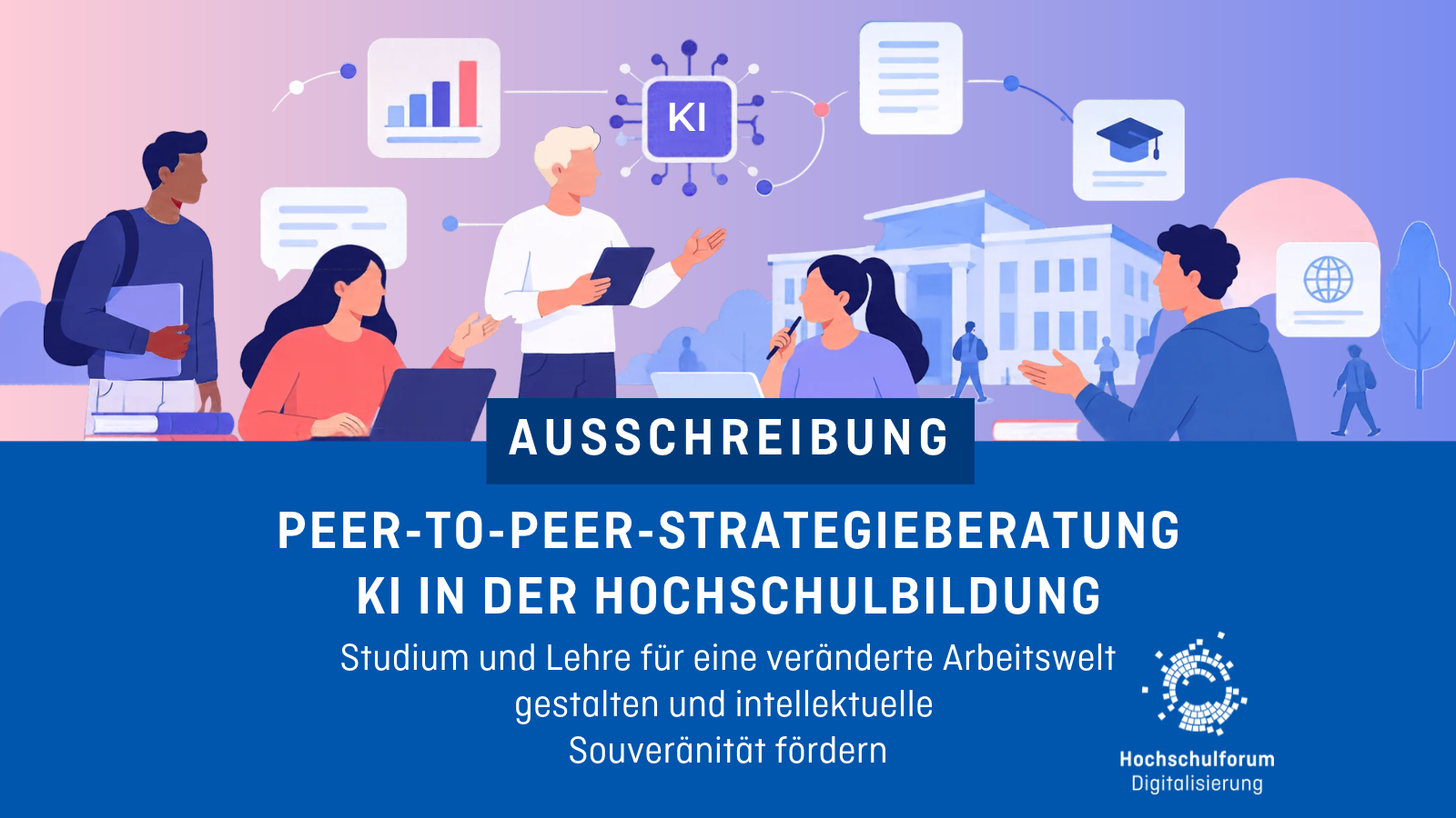 Illustration einer Peer-to-Peer-Strategieberatung zu KI in der Hochschulbildung: Mehrere Personen arbeiten und diskutieren auf einem Hochschulcampus. Symbole für Künstliche Intelligenz, Analyse, Dokumente und digitales Lernen sind eingebunden. Im Bild steht: „Ausschreibung – Peer-to-Peer-Strategieberatung KI in der Hochschulbildung. Studium und Lehre für eine veränderte Arbeitswelt gestalten und intellektuelle Souveränität fördern.“