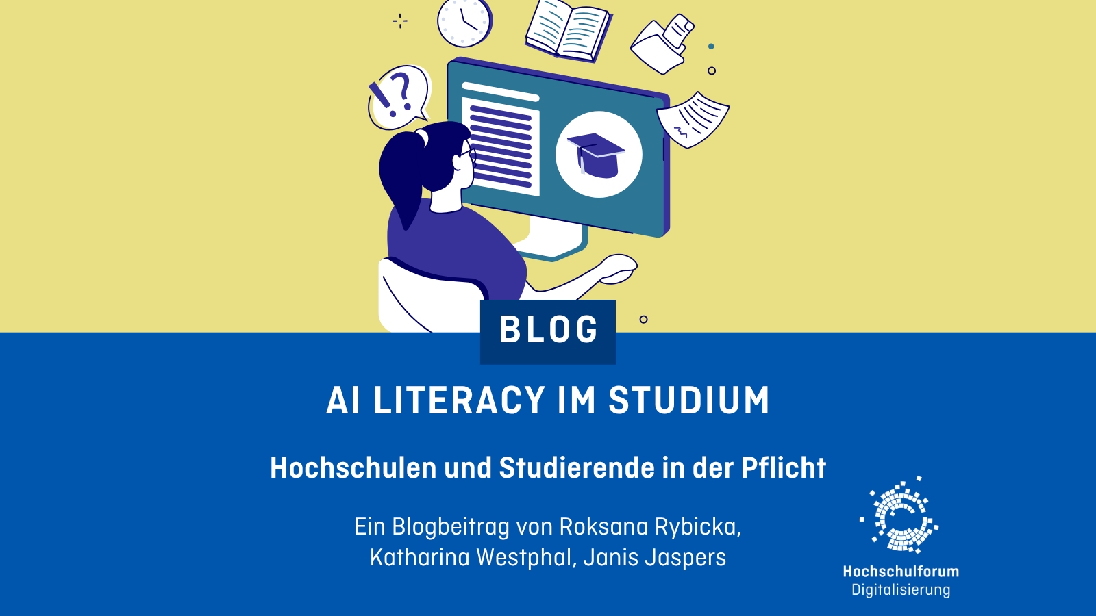 Zeichnung von Studentin am Computer.