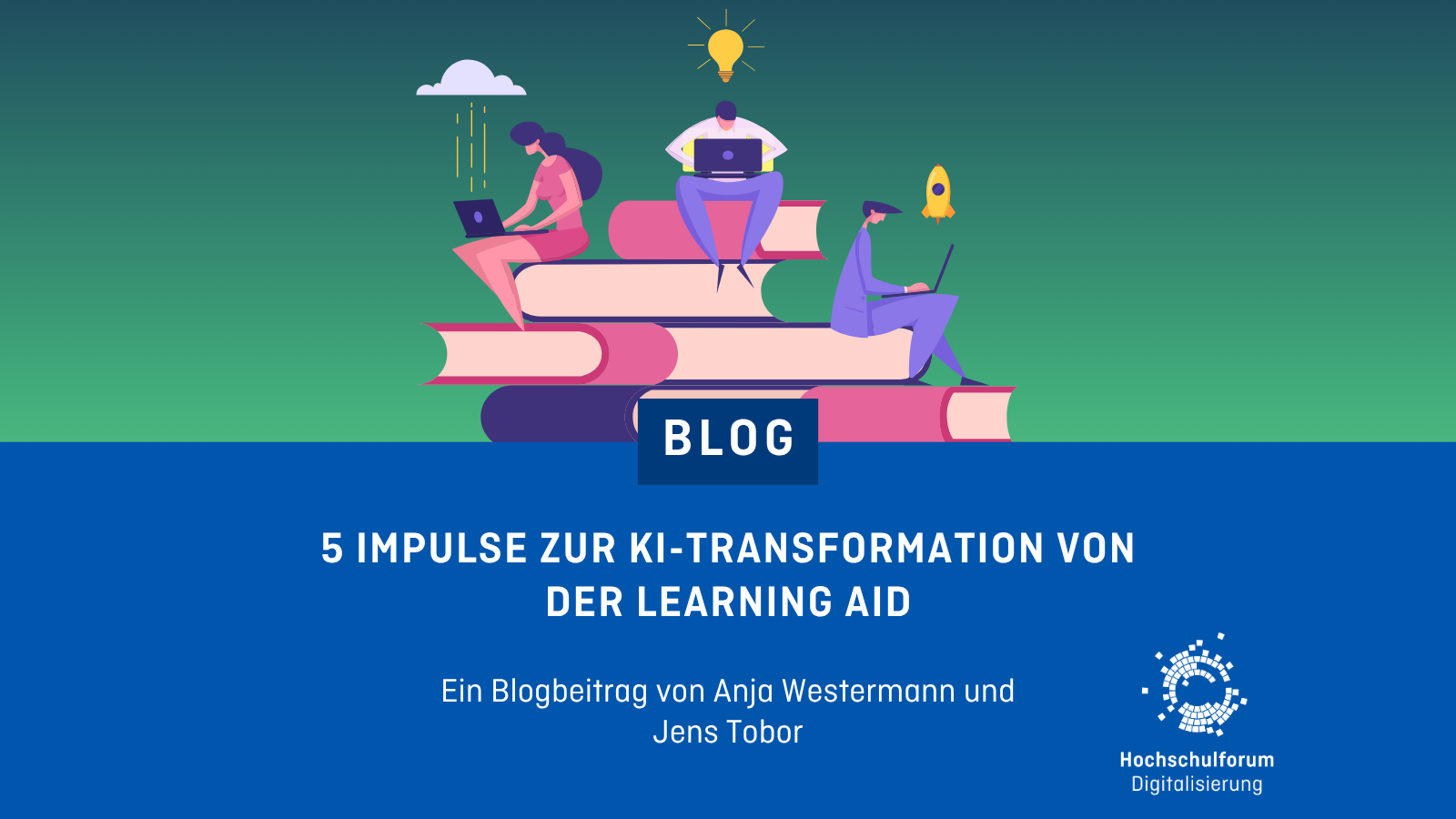 Zeichnung von Menschen mit Laptops, die auf Büchern sitzen.